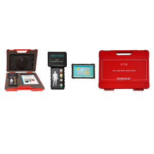 ECG simulator connected to bedside monitor showing post-shock rhythm transition