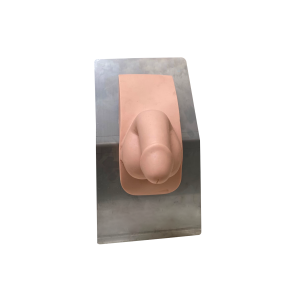Male catheterization trainer showing realistic genital anatomy and catheter insertion